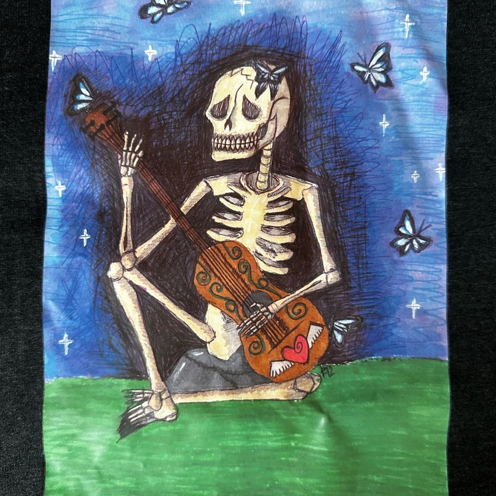 Blue and Green Short Sleeve Tee with Whimsical Skeleton Design